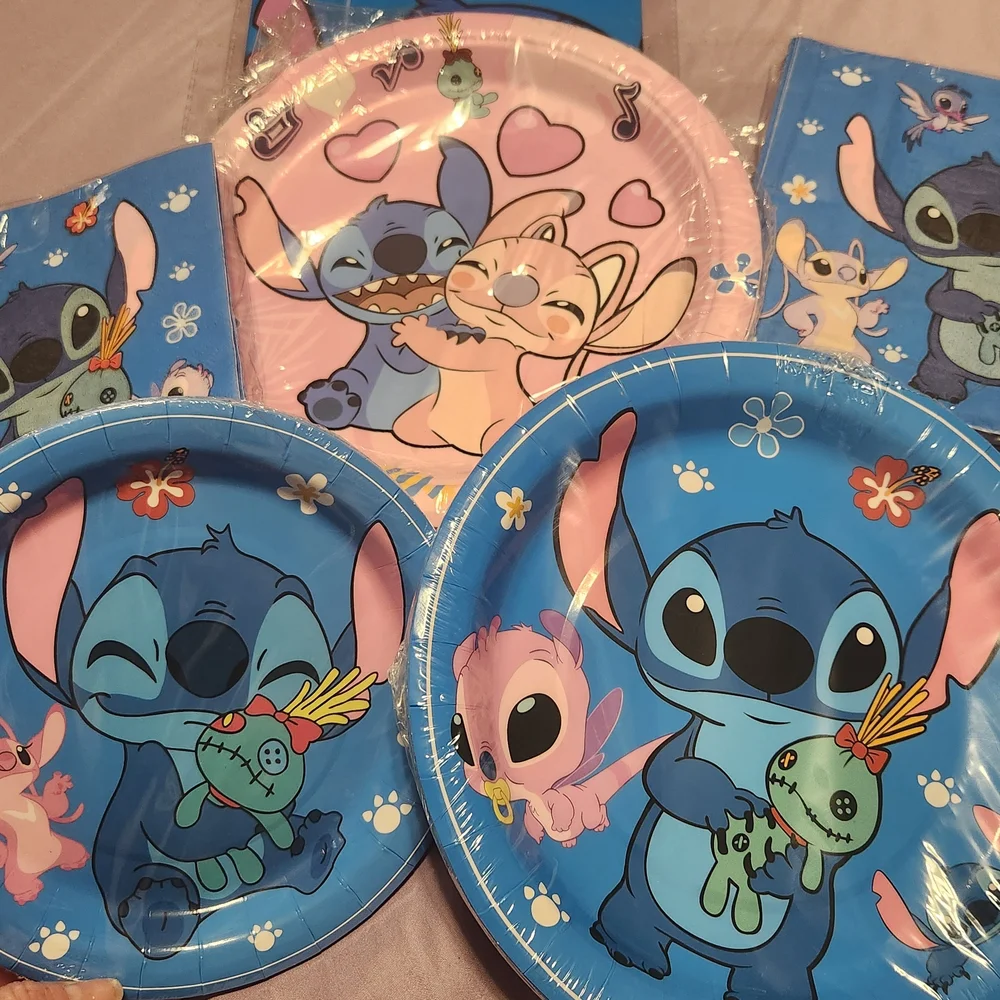 Disney Stitch and Angel Party Supplies Pink & Blue, 30 Plates, Napkins, 1 Table